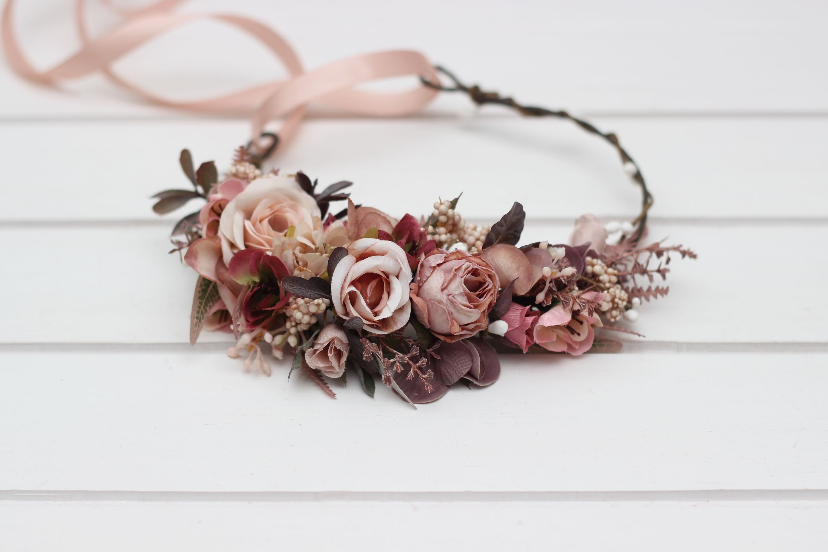 Dusty Rose & Wine — a romantic flower crown blending delicate dusty pink roses, rich burgundy accents, and soft blush ri
