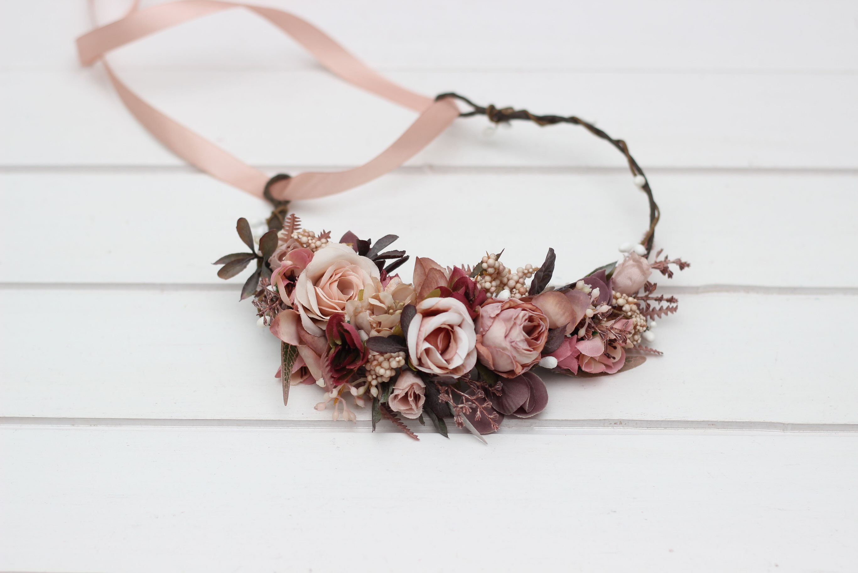 Dusty Rose & Wine — a romantic flower crown blending delicate dusty pink roses, rich burgundy accents, and soft blush ri