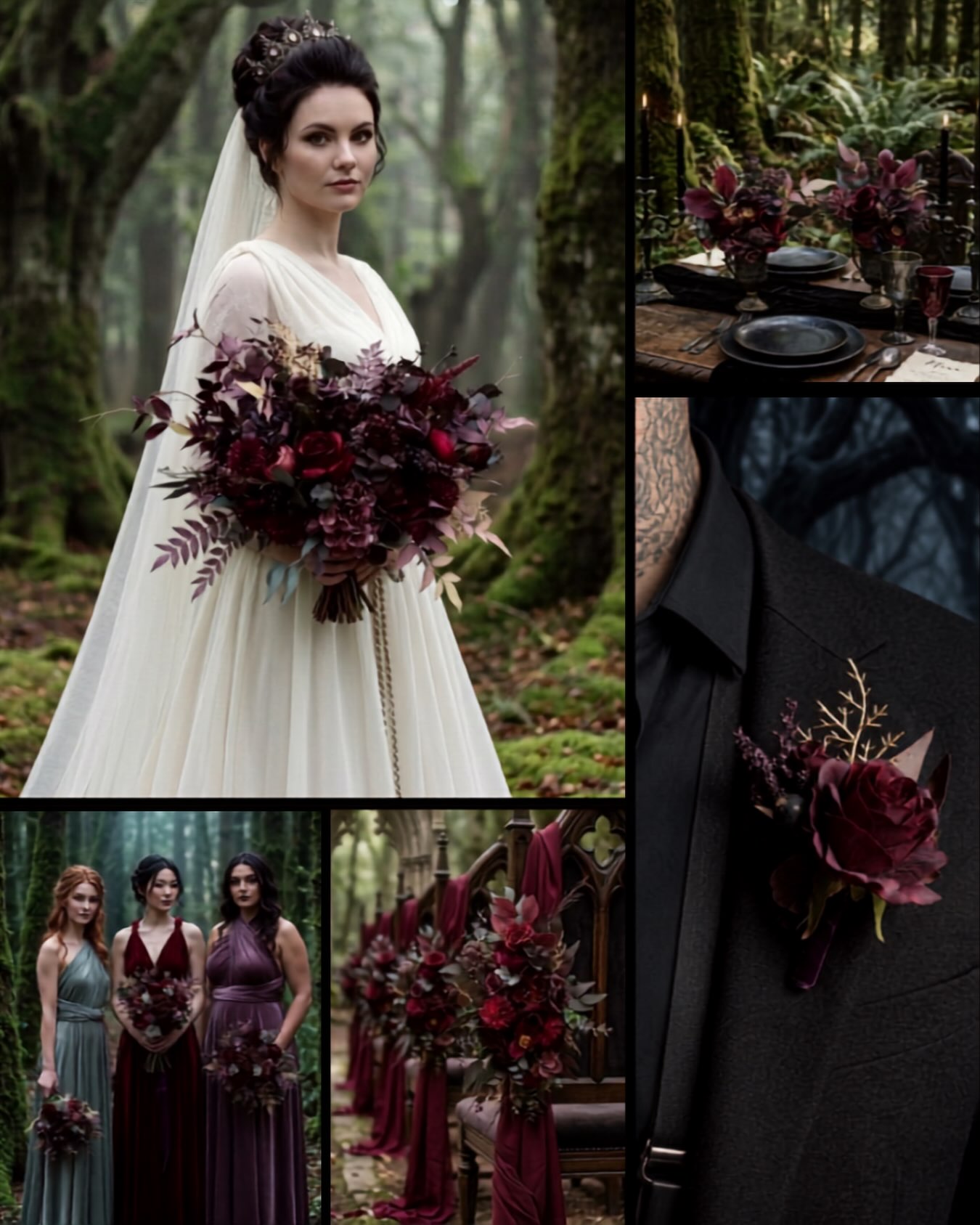 Deep Burgundy & Forest Green — Collection 5223. A rich and enchanting combination of deep wine, dark forest green, and m