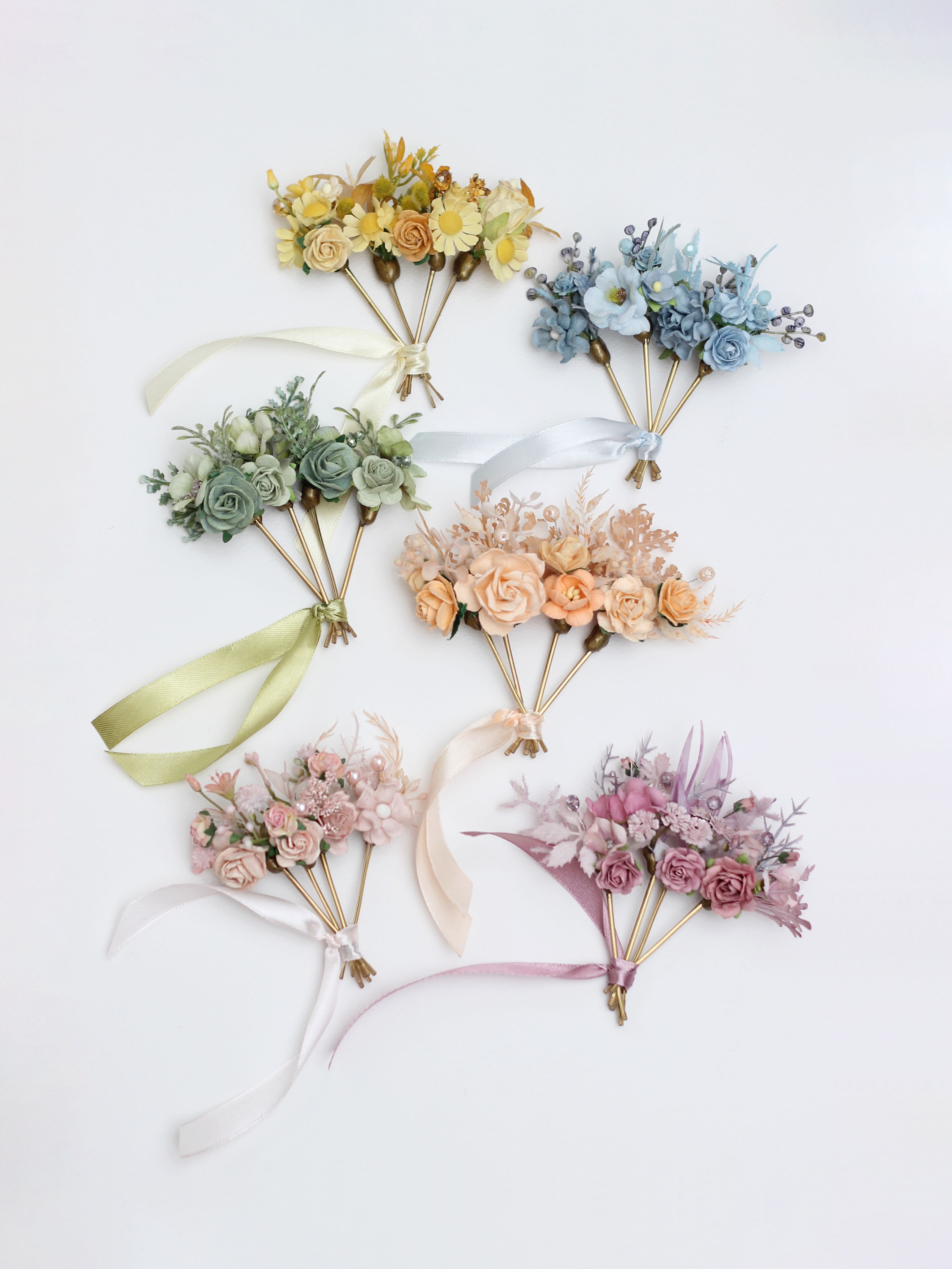 Our Collection 5360 features delicate handmade floral hair pins, available in different color combinations to complement