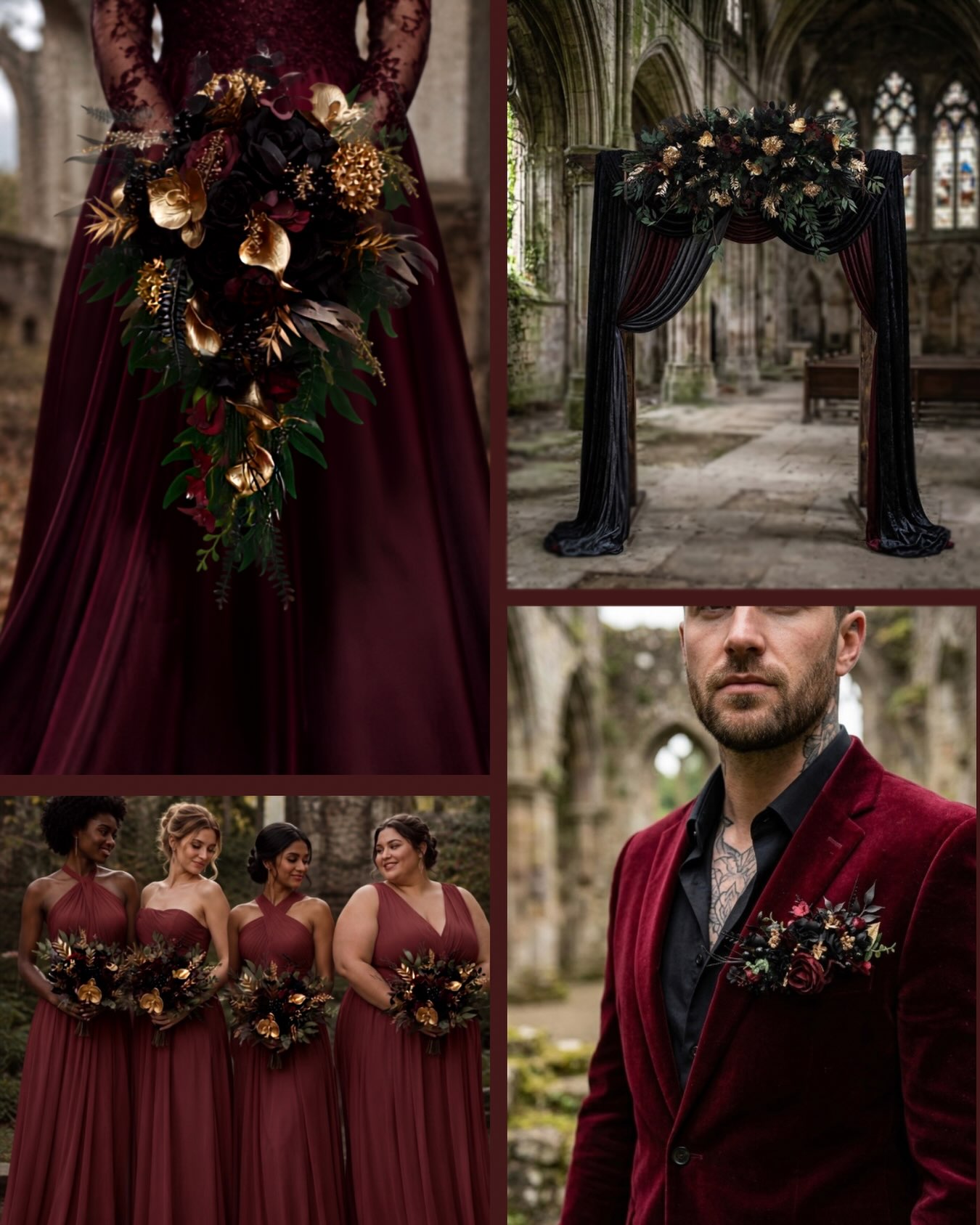 Save this wedding palette for your moodboard 🖤✨

Deep Burgundy, Black & Metallic Gold — a bold and dramatic combination 